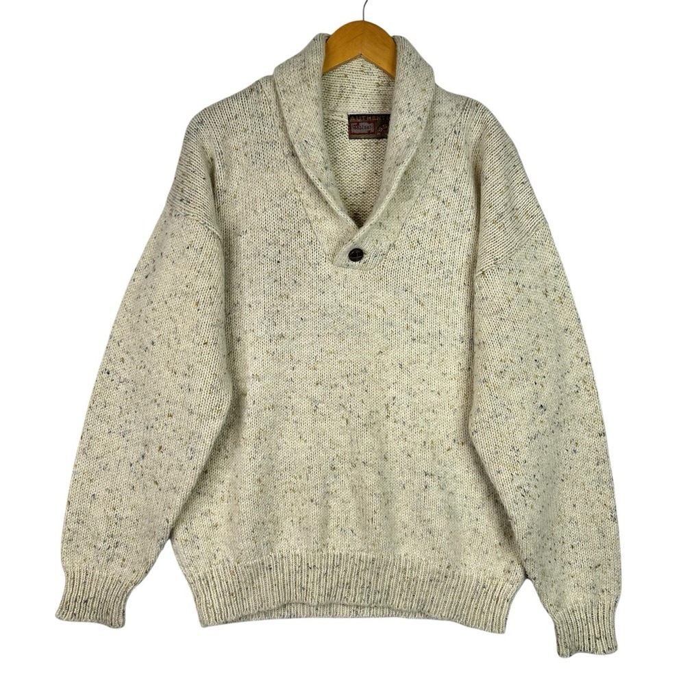 Vintage Fisherman Sweater Men L Oatmeal Wool Blend Shawl Collar Nep Grandpa Knit